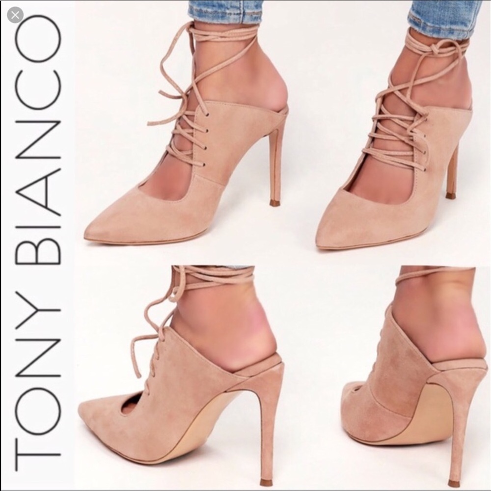 Tony Bianco beige lace up mules heel NWOB
